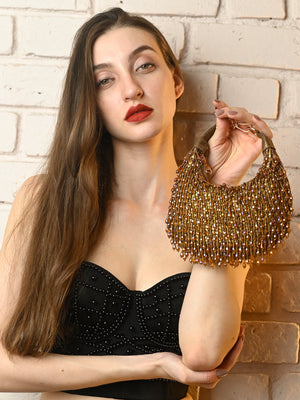 Rajwada Golden Tasseled Moon Clutch For Women