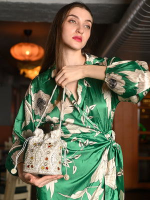 Rajwada Silver Embroidered Potli Bag For Women