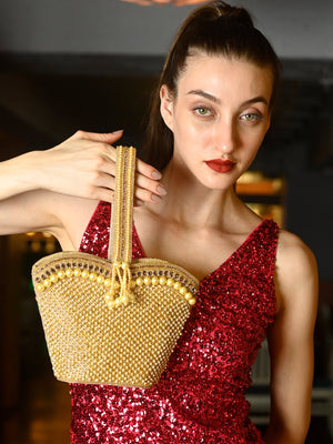 Rajwada Golden Pearls Embroidered Structured Clutch For Women