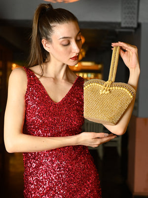 Rajwada Golden Pearls Embroidered Structured Clutch For Women