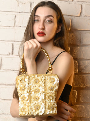 Rajwada Off White And Gold Shell Embroidered Clutch For Women