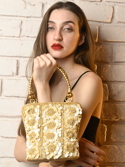 Rajwada Off White And Gold Shell Embroidered Clutch For Women