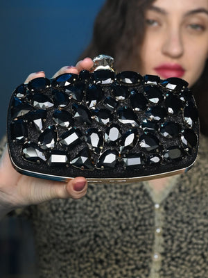 Rajwada Black Crystal Embellished Clutch For Women