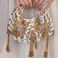 Rajwada White and Golden Tasseled Moon Clutch For Women