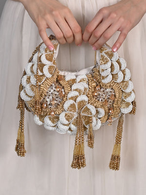 Rajwada White and Golden Tasseled Moon Clutch For Women
