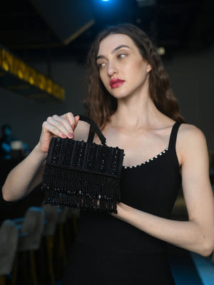 Rajwada Black Embellished Clutch With Tassels For Women