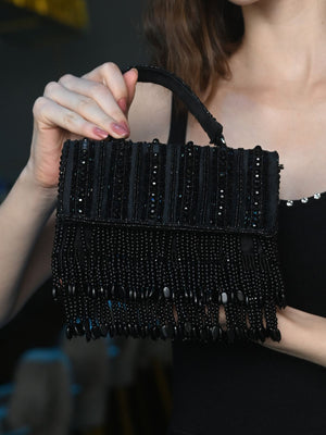 Rajwada Black Embellished Clutch With Tassels For Women