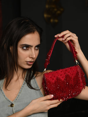 Rajwada Maroon Tassels Embellished Clutch For Women