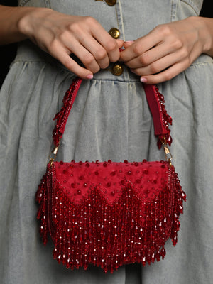 Rajwada Maroon Tassels Embellished Clutch For Women