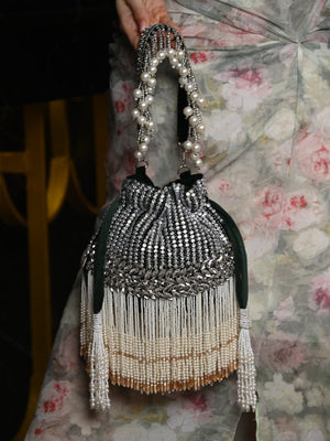 Rajwada Dark Green Embroidered Bridal Potli Bag with Tassels For Women