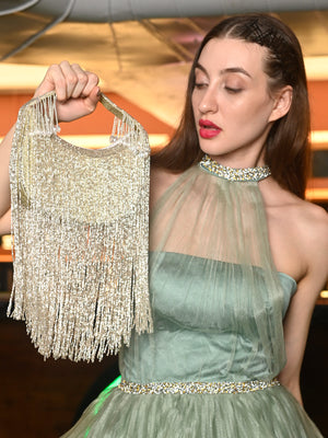 Rajwada Silver Cutdana Tassels Moon Clutch Bag For Women