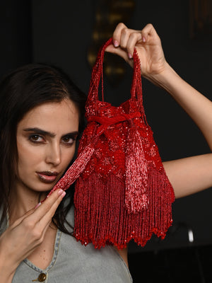 Rajwada Red Embroidered Potli Bag with Tassels For Women