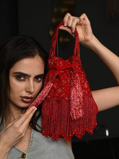 Rajwada Red Embroidered Potli Bag with Tassels For Women