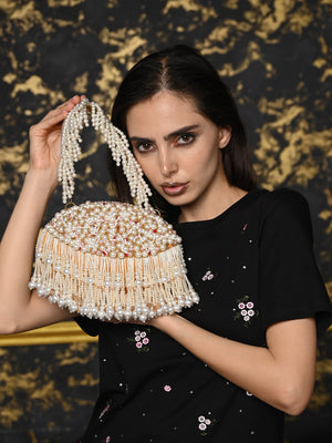 Rajwada White Embroidered Clutch With Tassels For Women