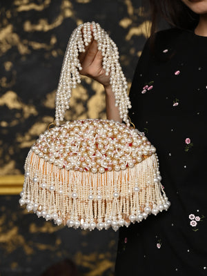 Rajwada White Embroidered Clutch With Tassels For Women