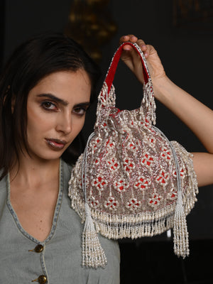 Rajwada Red Embroidered Potli Bag with Tassels For Women