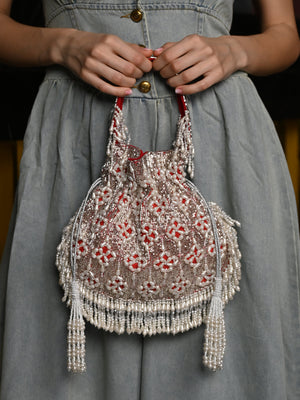 Rajwada Red Embroidered Potli Bag with Tassels For Women