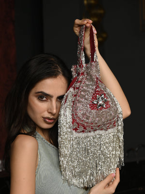Rajwada Red Embroidered Potli Bag with Tassels For Women