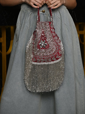 Rajwada Red Embroidered Potli Bag with Tassels For Women