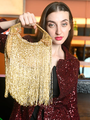 Rajwada Golden Tasseled Structured Moon Clutch For Women