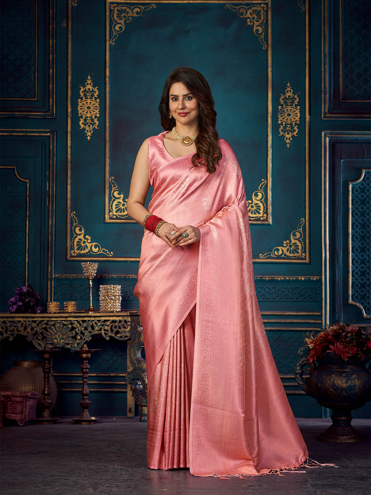 Rajwada - Pink Silk Blend Woven Saree with Unstitched Blouse