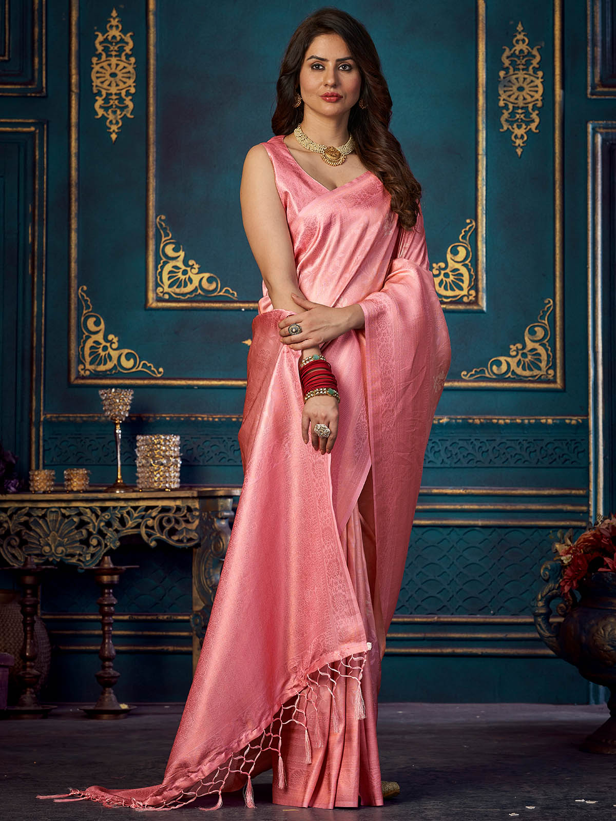 Rajwada - Pink Silk Blend Woven Saree with Unstitched Blouse