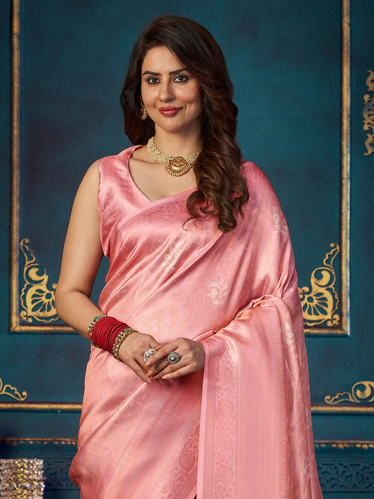 Rajwada - Pink Silk Blend Woven Saree with Unstitched Blouse