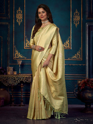 Rajwada - Light Green Silk Blend Woven Saree with Unstitched Blouse