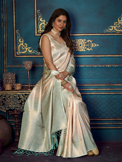 Rajwada - Off White Silk Blend Woven Saree with Unstitched Blouse