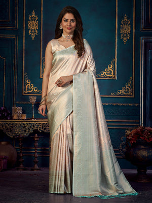 Rajwada - Off White Silk Blend Woven Saree with Unstitched Blouse