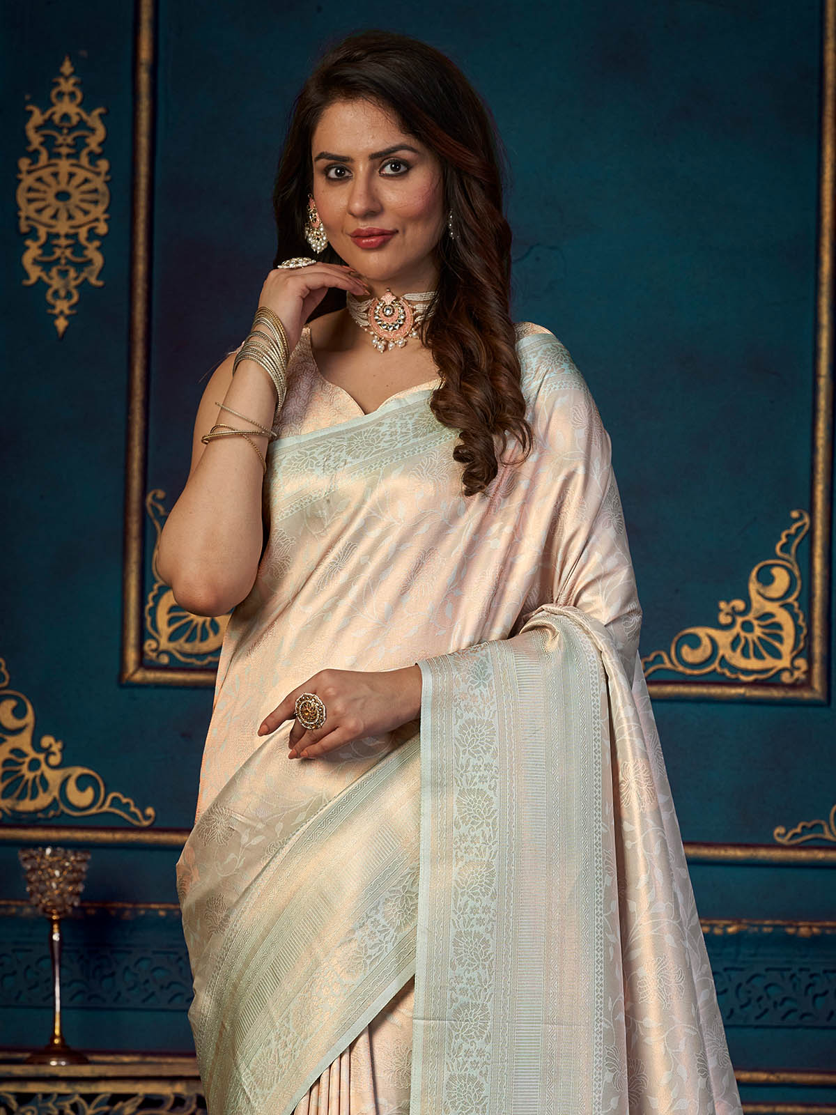 Rajwada - Off White Silk Blend Woven Saree with Unstitched Blouse