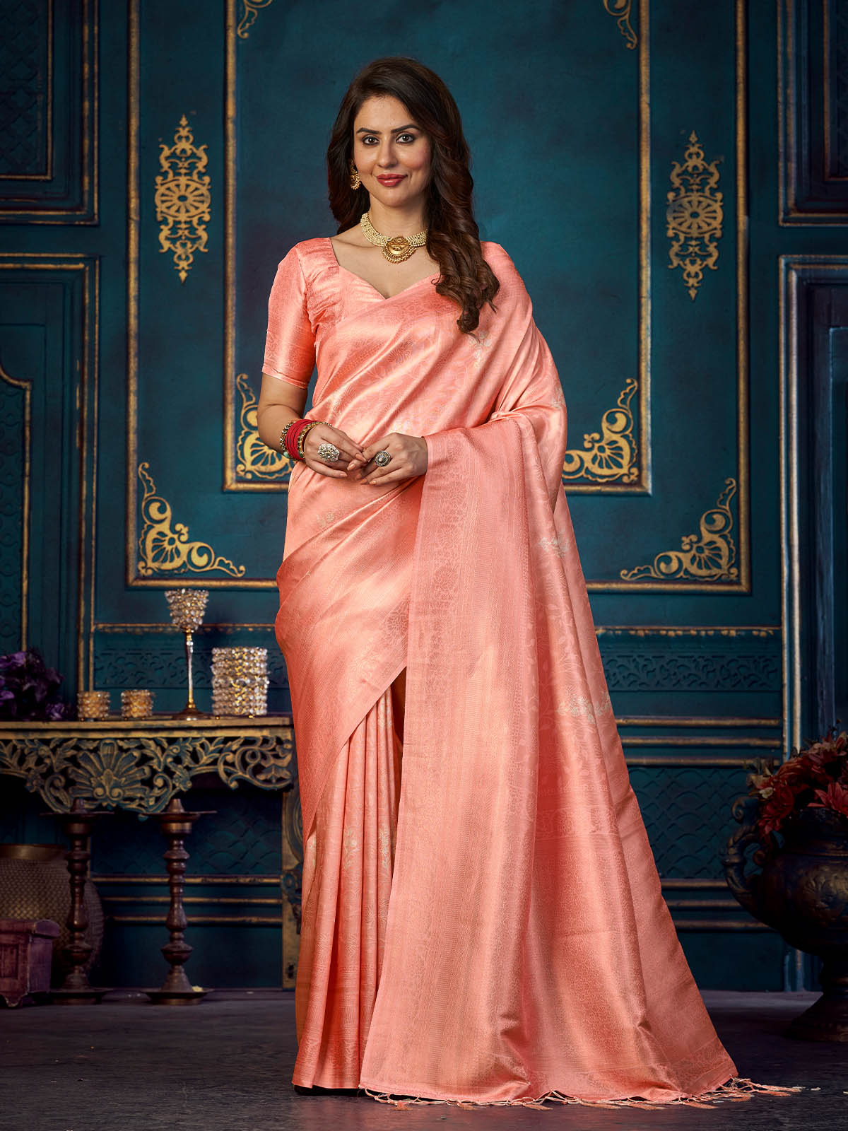 Rajwada - Pink Silk Blend Woven Saree with Unstitched Blouse