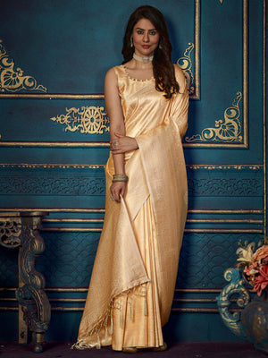 Rajwada - Beige Silk Blend Woven Saree with Unstitched Blouse