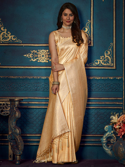 Rajwada - Beige Silk Blend Woven Saree with Unstitched Blouse