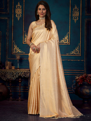 Rajwada - Beige Silk Blend Woven Saree with Unstitched Blouse
