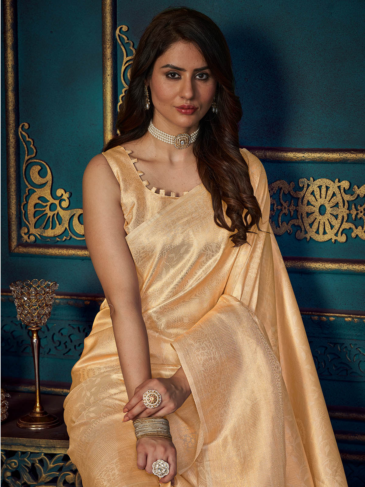Rajwada - Beige Silk Blend Woven Saree with Unstitched Blouse