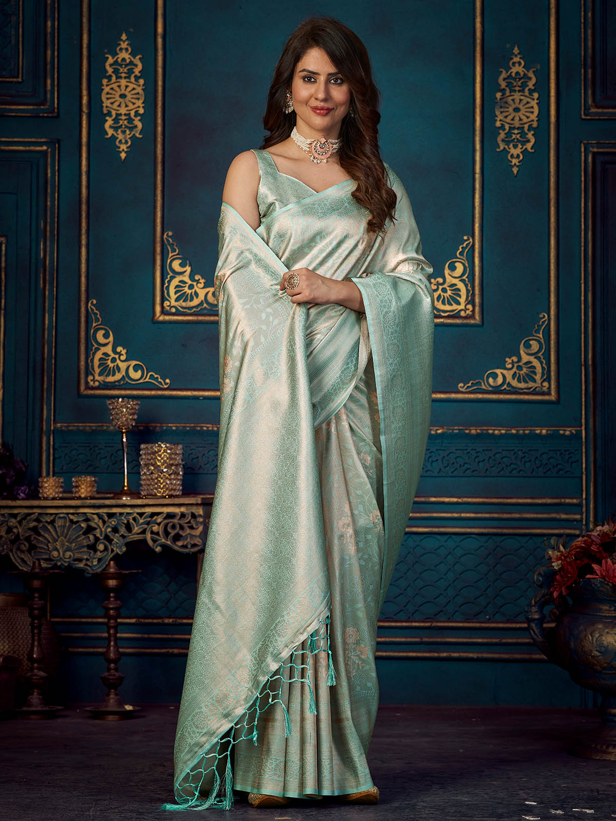 Rajwada - Sea Green Silk Blend Woven Saree with Unstitched Blouse