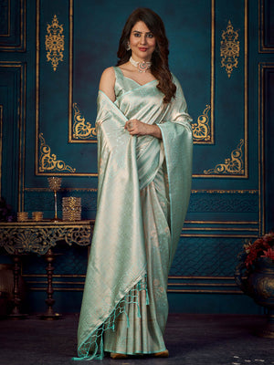 Rajwada - Sea Green Silk Blend Woven Saree with Unstitched Blouse