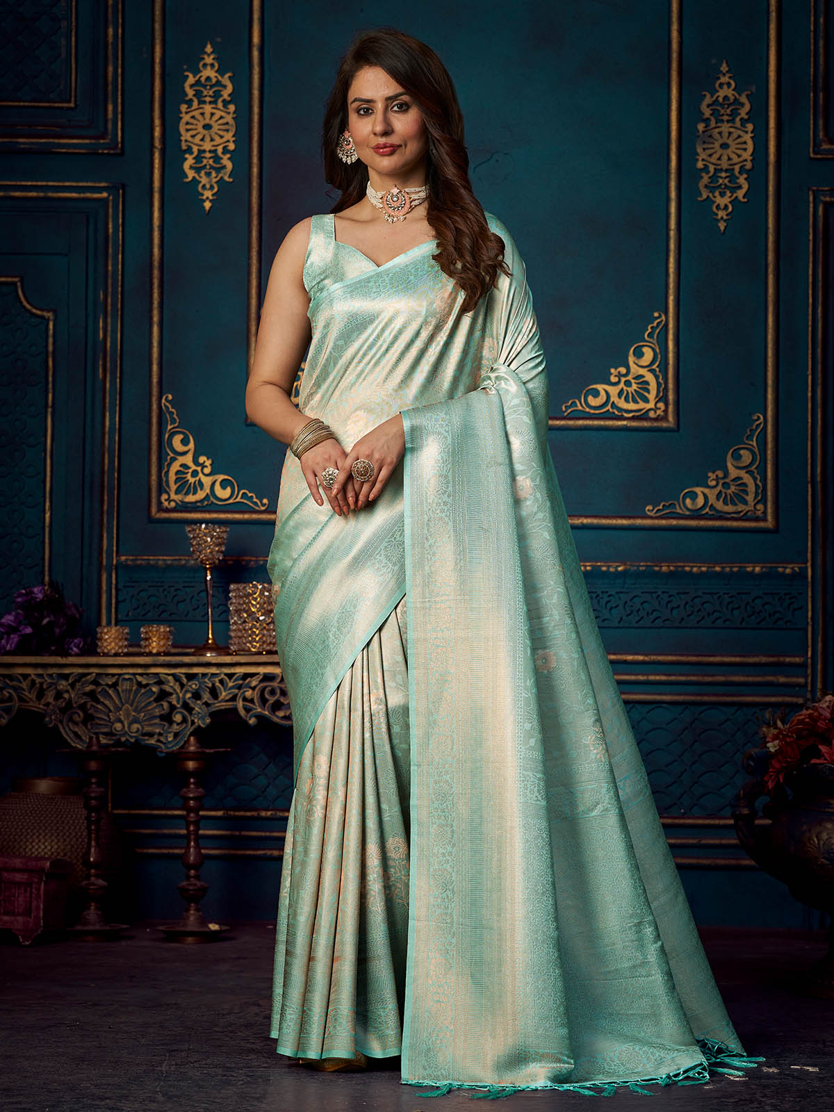 Rajwada - Sea Green Silk Blend Woven Saree with Unstitched Blouse