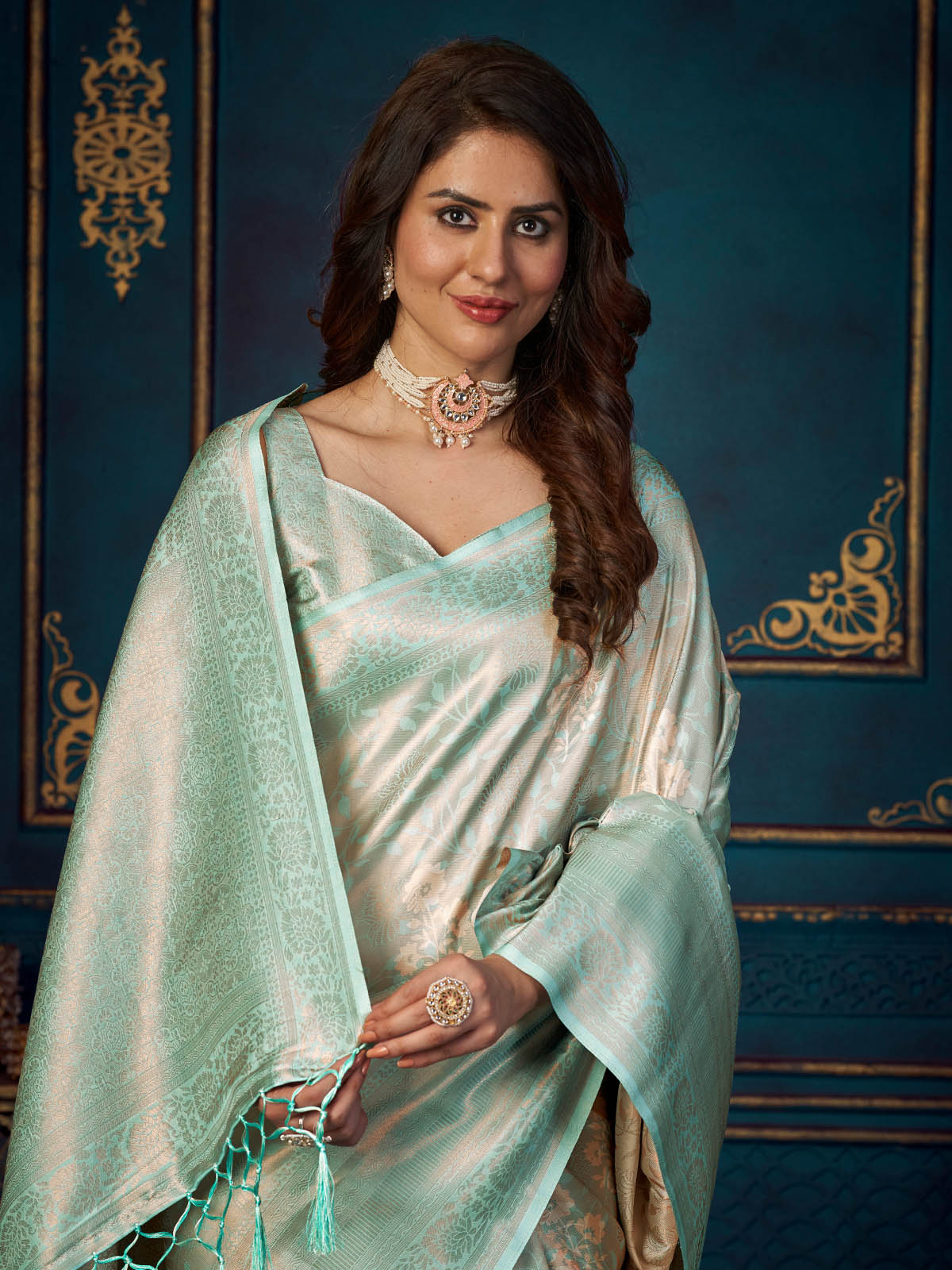 Rajwada - Sea Green Silk Blend Woven Saree with Unstitched Blouse