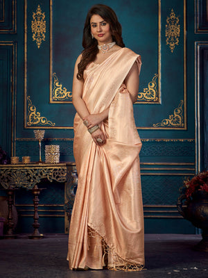 Rajwada - Peach Silk Blend Woven Saree with Unstitched Blouse