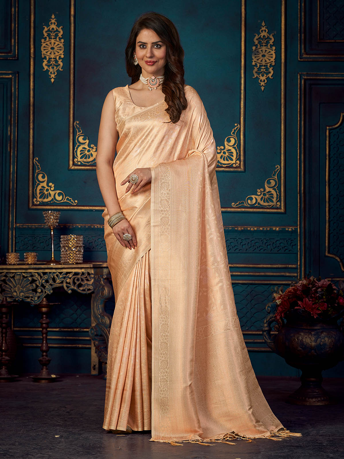 Rajwada - Peach Silk Blend Woven Saree with Unstitched Blouse
