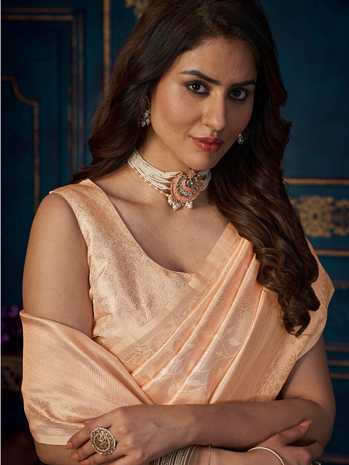 Rajwada - Peach Silk Blend Woven Saree with Unstitched Blouse