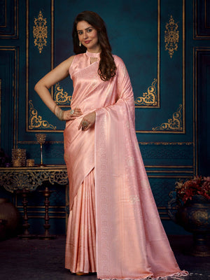 Rajwada - Pink Silk Blend Woven Saree with Unstitched Blouse
