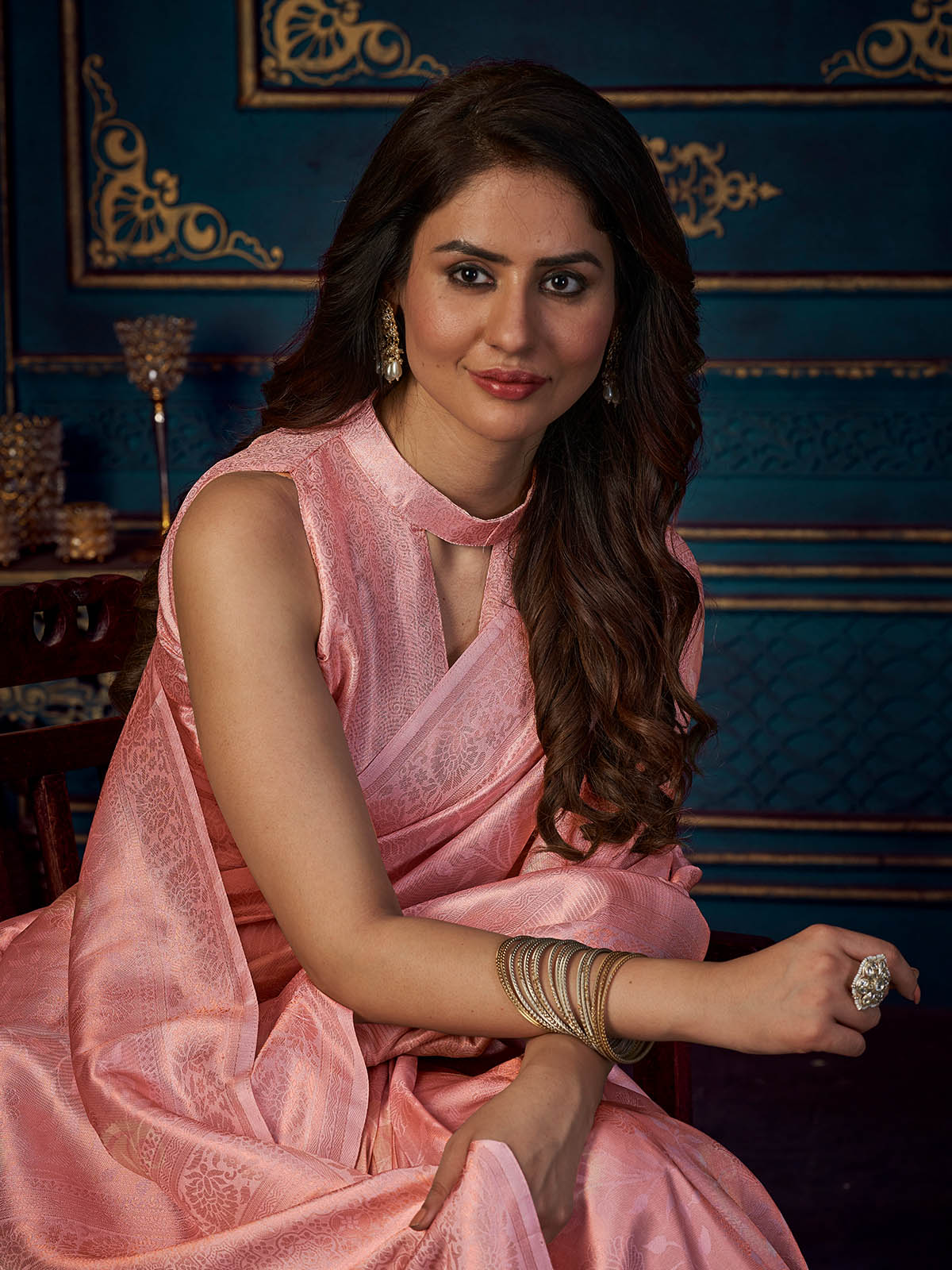 Rajwada - Pink Silk Blend Woven Saree with Unstitched Blouse