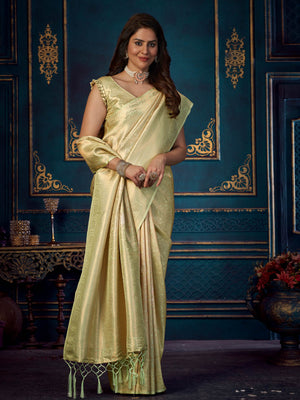 Rajwada - Light Green Silk Blend Woven Saree with Unstitched Blouse