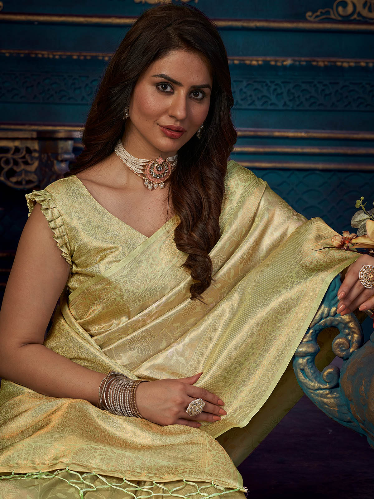Rajwada - Light Green Silk Blend Woven Saree with Unstitched Blouse