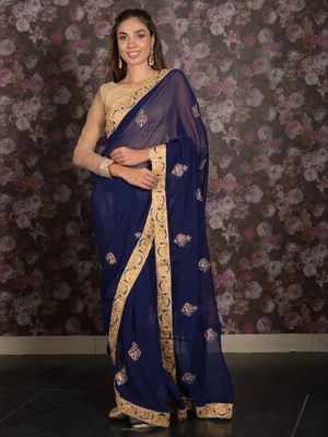 Rajwada Dark Blue Embroidered Chiffon Saree for Women