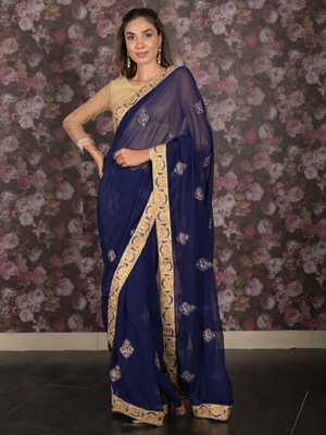 Rajwada Dark Blue Embroidered Chiffon Saree for Women