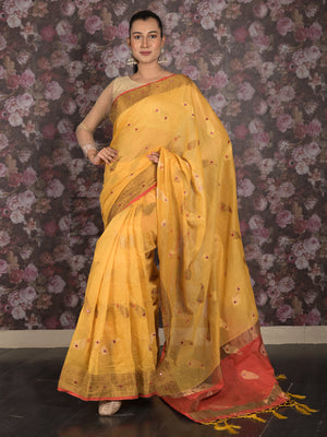 Rajwada Yellow Woven Cotton Silk Blend Saree With Unstitched Blouse For Women
